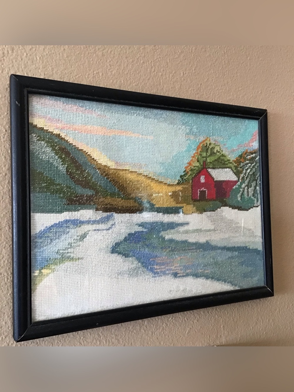 Vintage Framed Needlepoint Winter Scene Snow Red Barn